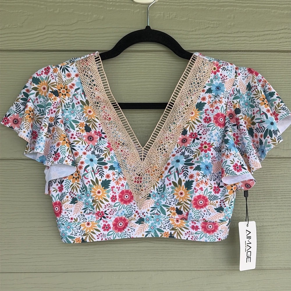 Aimage Floral Vneck Embroidered Ruffle Sleeve Bathing Suit Swim Top Medium NEW